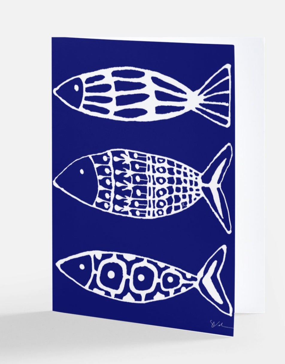 Note cards, set of 6, three large fish on blue
