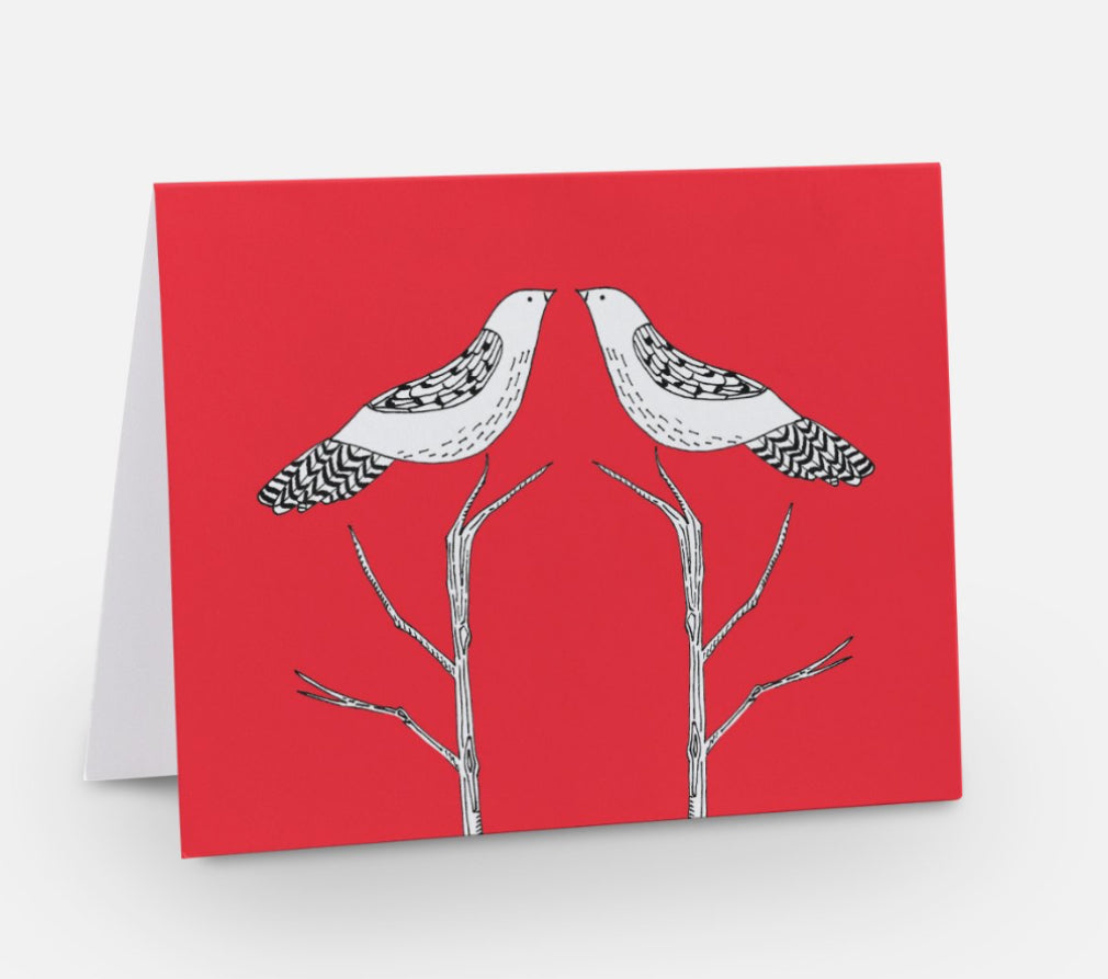 Note cards, set of 6, two birds on red