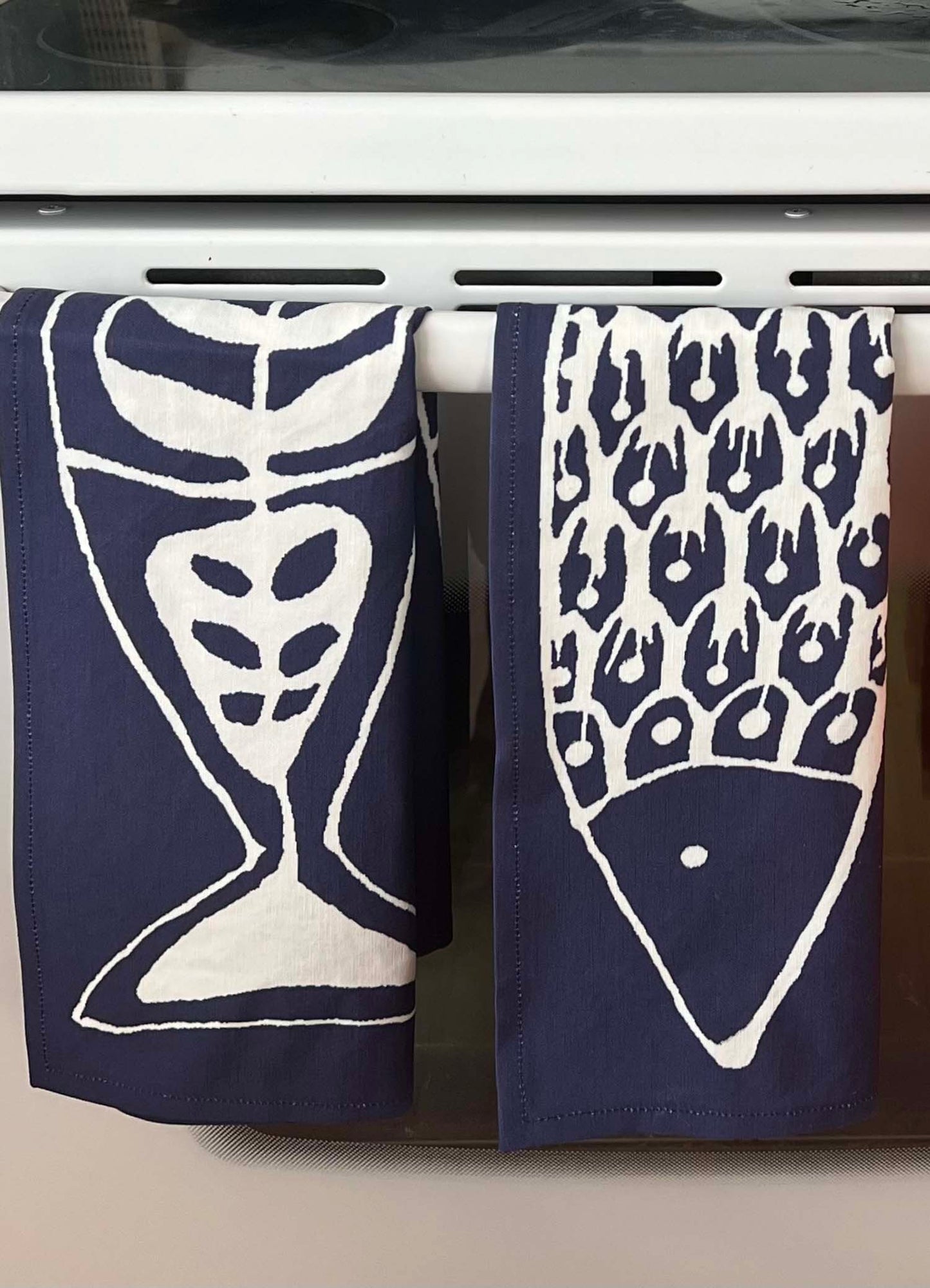 tea towel navy with large fish