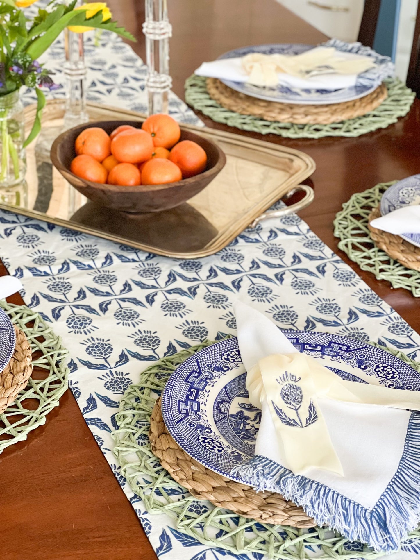 table runner 72" x 15" Thistle block print.