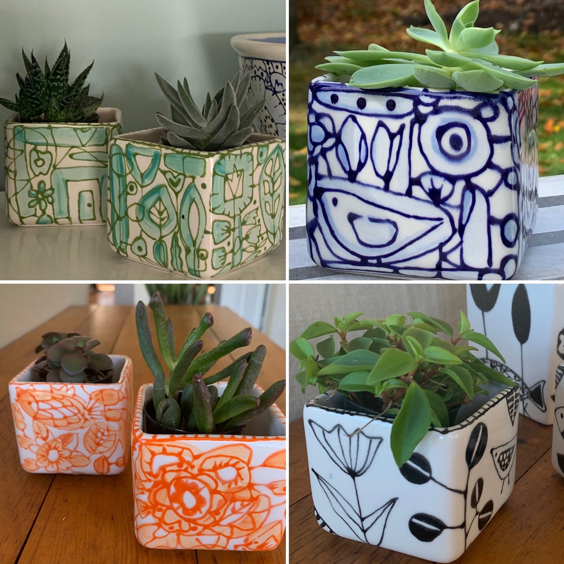 3 square plant pots Small square planter. 3" Hand painted. Additional colors available. Design may vary as each piece is one of a kind. – Stephanie Krauss Verdun